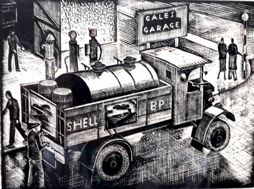 01 Arthur Charlton Gales Garage woodblock 10x8cms