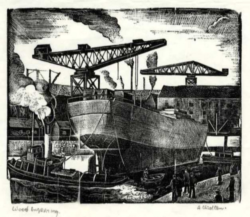 03 Arthur Charlton Ships in Hartlepool Docks woodengraving 13 x 15cms circa 1940