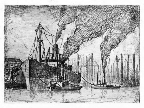 04 Arthur Charlton Ships in Hartlepool Docks etching 13 x17cms circa 1940