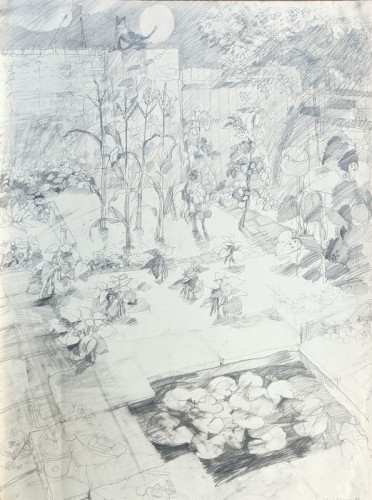 11 David Barron A Stepney Garden by Moonlight pencil 77 x 57cm