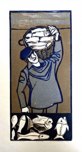 17 Arthur Charlton Mumbles Fisherman linocut 29 x 14cms 1989