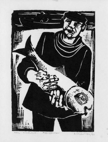 18 Arthur Charlton Fisherman linocut 15 x 10cms