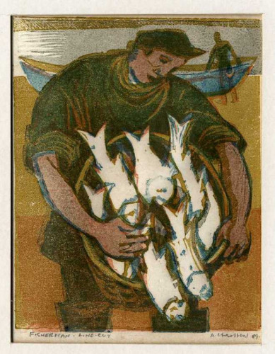 20 Arthur Charlton Fisherman linocut hand coloured 13 x 10cms