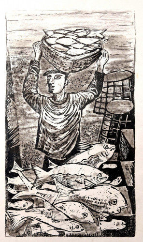 21 Arthur Charlton Fisherman Holding Creel linocut hand tinted 52 x 30cms