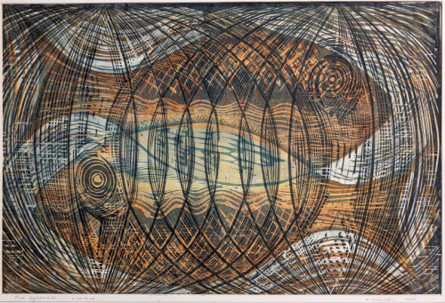 25 Arthur Charlton Fish Gyrations linocut multiblock 39 x 57cms 1960