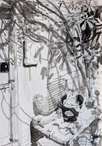 31 David Barron Yard Gate and Shadows ink and wash 60x42cm