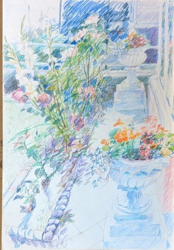 34 David Barron Garden Urns coloured pencil 50x35cms