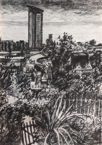44 David Barron The Meridian Tower and Promenade Railings charcoal 69x50cms