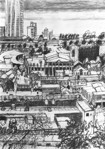 45 David Barron The Meridian Tower in March charcoal 69x50cms