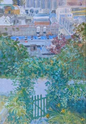 48 David Barron Garden Gate and Town acrylic on canvas 50x35cms