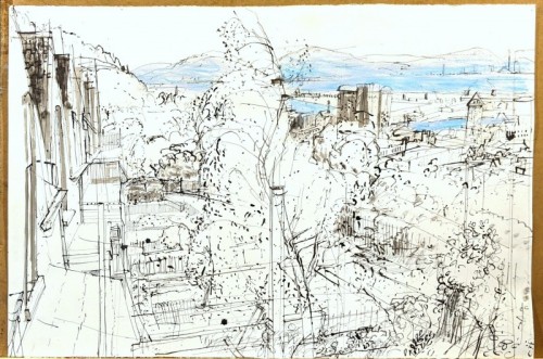 65 David Barron Along the Promenade, Swansea brush and ink 69x100cms