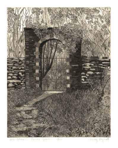 Jenny Mynett Mrs Johnson’s Flower Garden etching 28x23cm £45