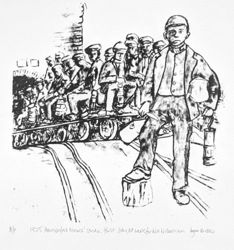 Lynne Bebb | 1925 Ammanford Miners Strike, first Day at Work for Will Wilson's Son | Screenprint