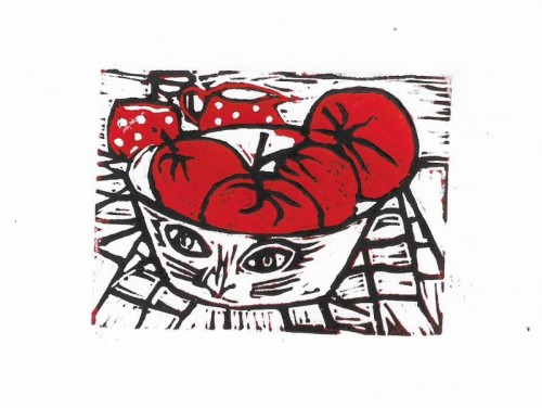 Pat Lowe | Cat Bowl | linocut 10.5 x 7.5cm