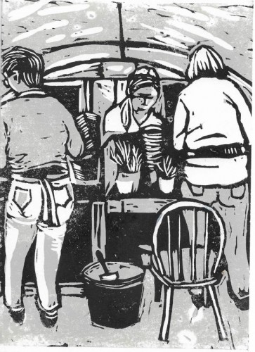Pat Lowe  | Potting up | linocut 15cm x20.5cm