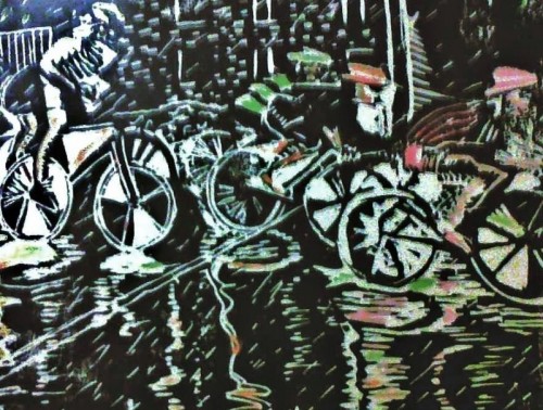 PattiMcJ | Cycle Protest | woodcut 40x30