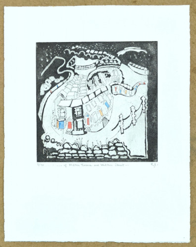 Rosy Ind |  …AND THE POWDERED FIELDS OF THE ROOFS OF MILTON TERRACE AND WATKIN STREET... | etching