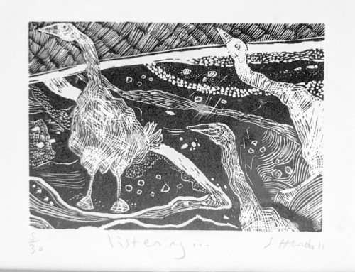 Sally Hands | Listening | wood engraving | 7 x 10cm | £40.00