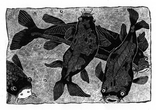Sally Hands | Pontardulais Koi |  wood engraving  | 12x8cm  | £80