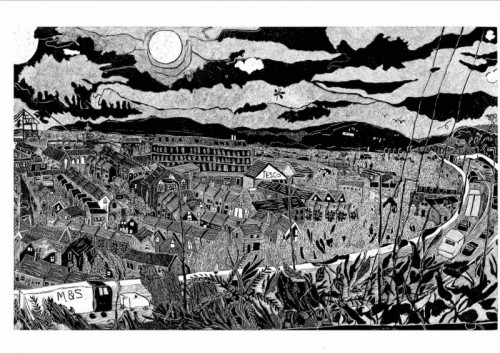 Sally Hands | White Vans on the M4 | wood engraving | 25x40cm |  £200