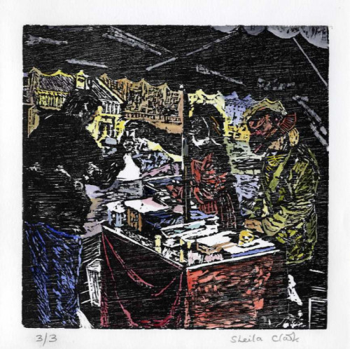 Shelia Clarke Lunchtime stall Woodcut hand coloured 25.00