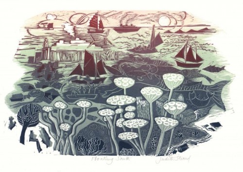 'Floating South'  linocut multiblock, approx image size 27cm x 40cm.