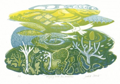 'Flying Over the Beacons' linocut multiblock, approx image size 25cm x 41cm.