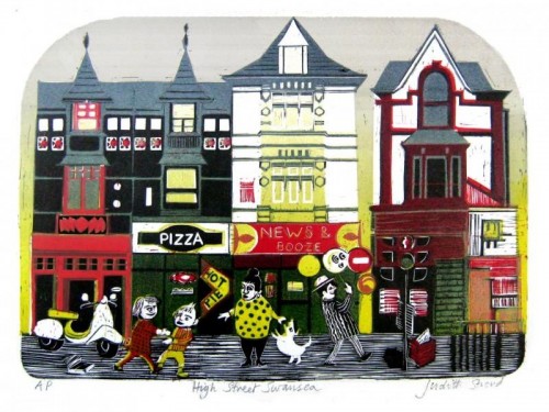 'High Street Swansea,' linocut multiblock, approx image size 25cm x 36cm 