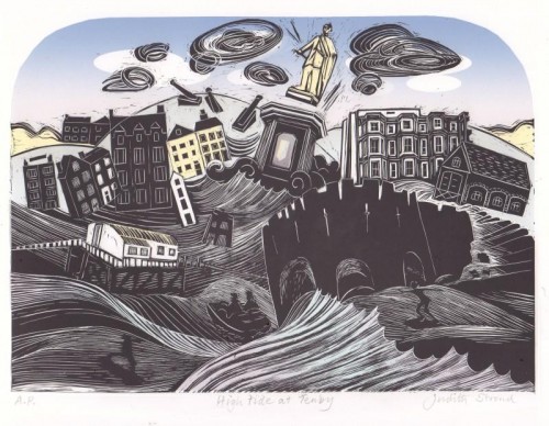 'High Tide at Tenby', linocut digital, approx image size 25 cm x 35cm 