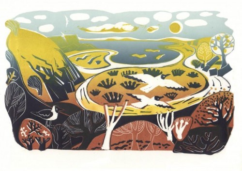 'Over Laugharne', linocut multiblock, approx image size 25cm x 41cm