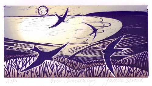 'Over Swansea Bay', linocut digital, approx image size 20 cm x 11cm 