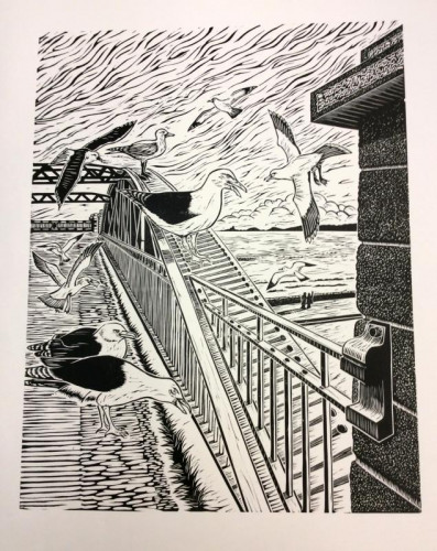 Alan Figg The Bridge that slipped Away linocut