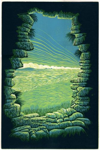 17 Alan Figg ‘North Gower from Llansteffan Castle’ Reduction woodcut 450 x 300mm