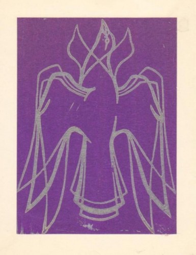 1975  “Holy Trinity” printed in white ink on purple tissue paper. linocut 110 x 150 