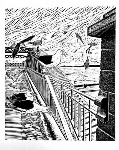20 Alan Figg ‘Slip Bridge with Seagulls’ Linocut 390 x 300mm