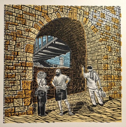 22 Alan Figg ‘Slip Bridge with Figures’ Linocut & Screenprint  200x 200mm