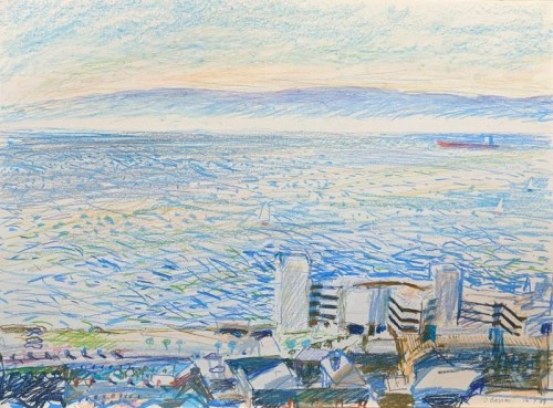 39 David Barron Swansea Bay II,  County Hall  coloured pencil 56x76cm 