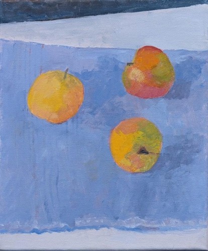 70 David Barron Apples I [Blue Cloth] acrylic on canvas 30x26cms