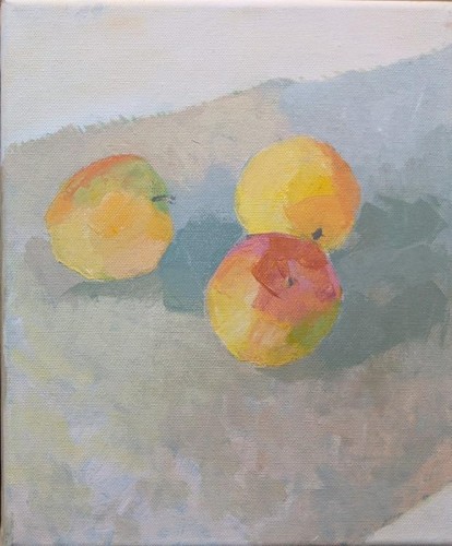 71 David Barron Apples II [Grey, violet cloth] acrylic on canvas 30x26cms