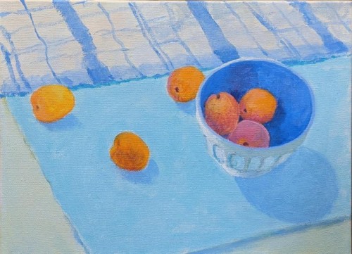 75 David Barron Blue Bowl and Apricots  acrylic on canvas 30x40cms