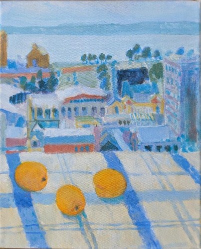 76 David Barron Apricots, Town and Sea  acrylic on canvas 30x29cms