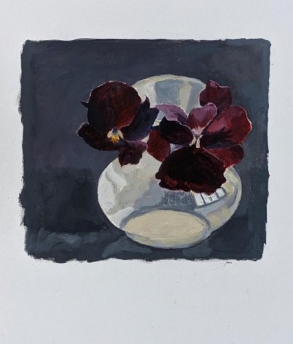 89 David Barron Pansies in a Glass oil on paper15x18cms