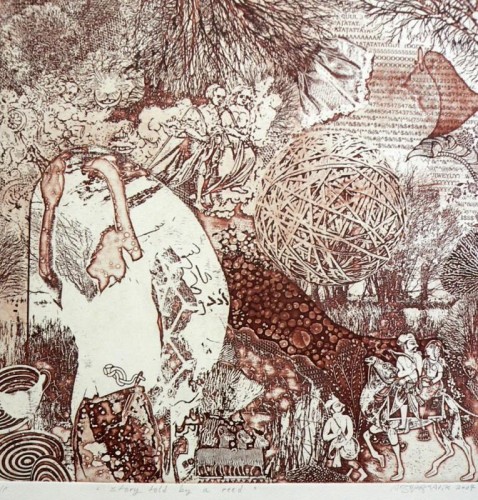Aafshar Malik 'Story told by a Reed' etching and aquatint 