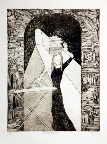 Adele Vye 'Propped Between' etching and aquatint