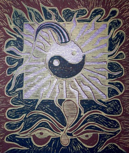 Aleem dad Khan  'Ying Yang' linocut