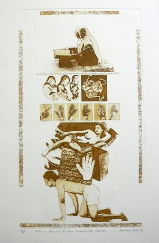 Anwar Saeed 'Man is known by the burden he carries' etching and aquatint 