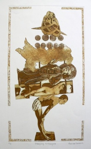 Anwar Saeed 'Praying totempole' etching and aquatint