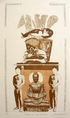 Anwar Saeed 'Temple of fast-slowness' etching and aquatint 