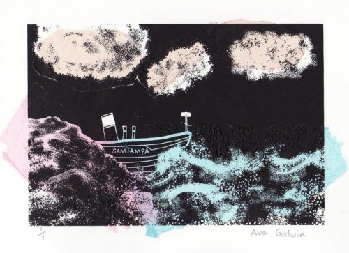 Ava Godwin New Traditions in Print Llynderw School screenprint with Chîne collé