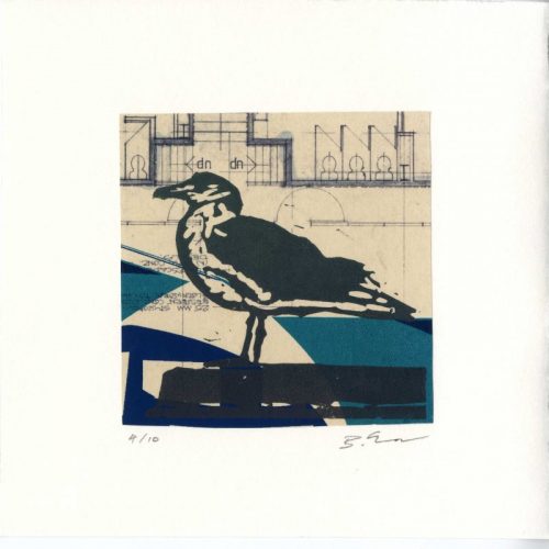 Bill-Chambers Seagull-on-Blueprint Linocut-with-Chine-Colle